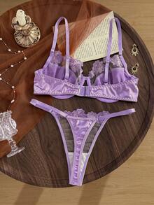 Divavoom Women's Sexy Hollow Lace Striped Satin Non-See-Through Underwire Bra And T-Back Panty Lingerie Set, 2 Pieces - Purple - View 2