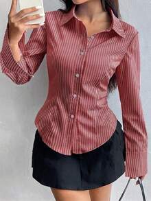 Sweetra 女式长袖纽扣休闲修身条纹衬衫 - 紅色 - 查看 7