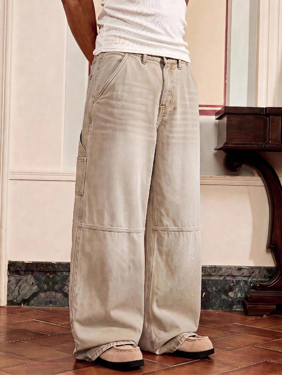 SWAVVY Men's Fashion Button Pocket Jeans Streetwear Versatile - Khaki - View 1