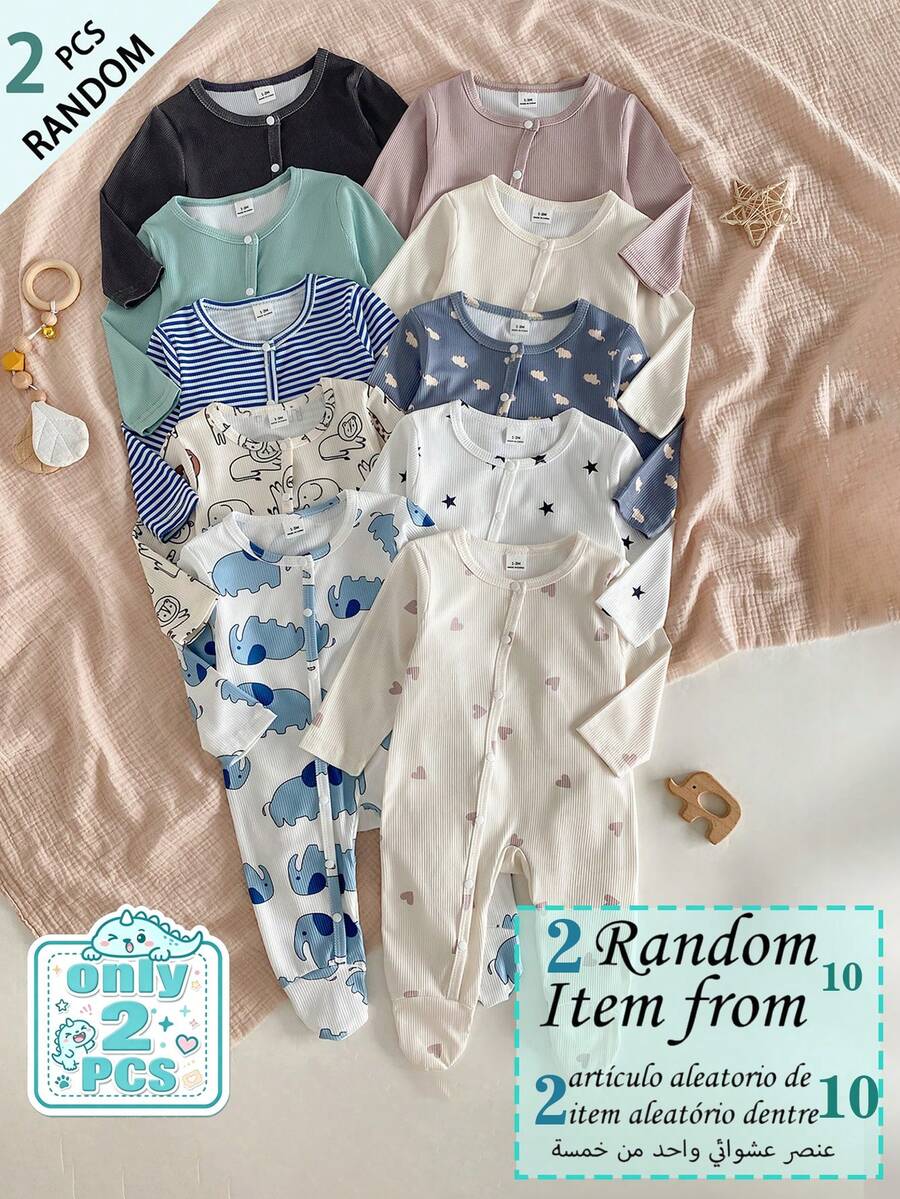 SHEIN Vintaside Kids [10套隨機發送2套]新生兒長袖長褲連身衣款，可愛條紋素色極簡動物心形大象星星及其他圖案印花羅紋面料柔軟舒適深受許多媽媽和寶寶喜愛的睡衣居家服 - 彩色 - 查看 1
