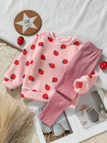 Vintaside Kids 女童連帽衛衣套裝，可愛上衣，秋冬款可愛草莓印花毛絨套頭長袖加厚抓絨衫 - 粉色 - 查看 7
