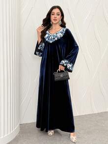 Al Najma Autumn/Winter High-End Fashion Elegant Velvet V-Neck Rhinestone Decor Long Sleeve Flared Slimming Dress For Women - Blue - View 3