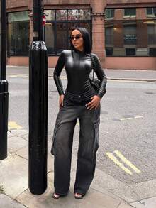 SHEIN SXY Women's Solid Color Zipper Fitted Versatile Daily Wear Long Sleeve Bodysuit - Black - View 5