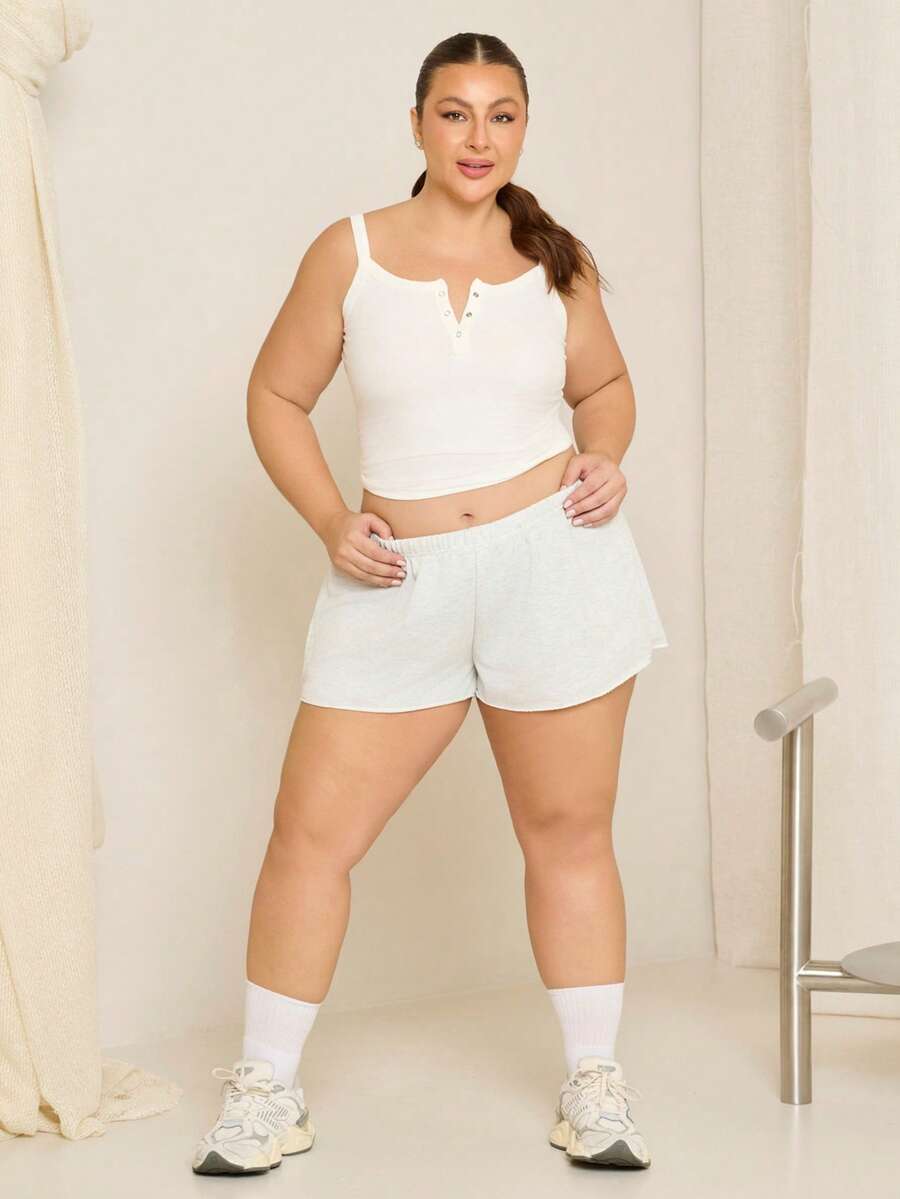 Lele Munniz Plus Size Solid Color Elastic Waist Loose Casual Versatile Shorts, Spring/Summer Soft Shorts - Light Grey - View 1
