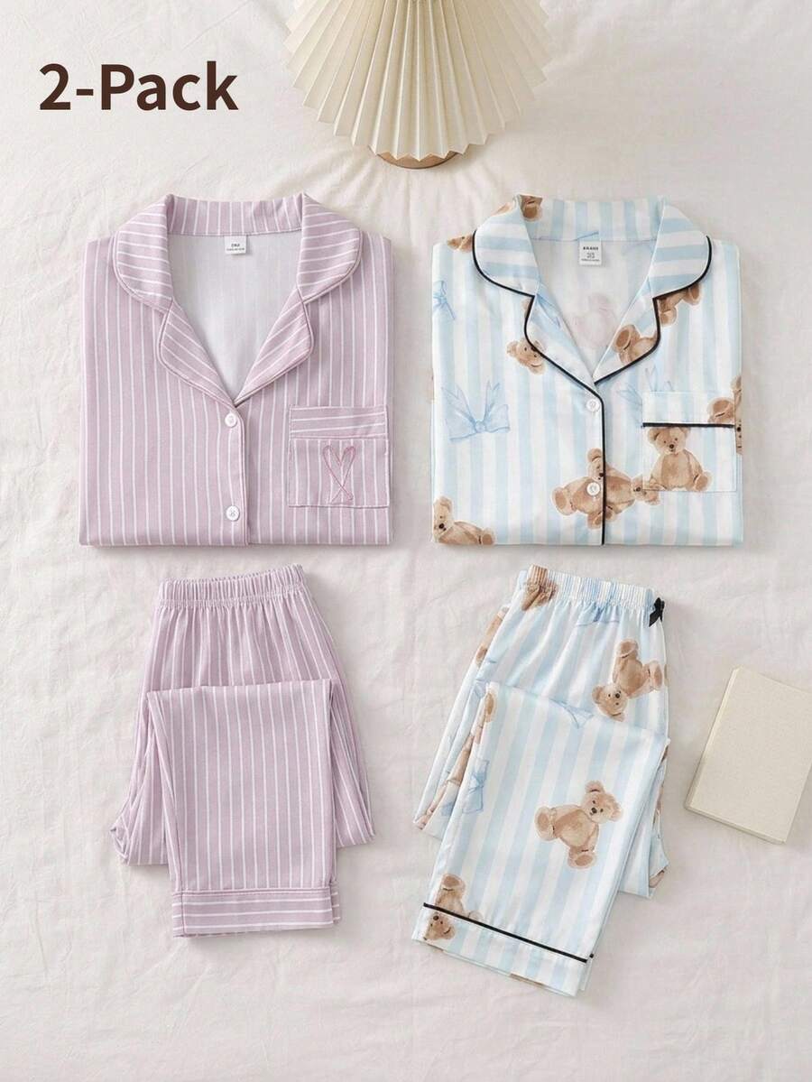 青少年女孩愛心刺繡口袋經典條紋開襟翻領短袖長褲休閒居家服套裝 - 彩色 - 查看 1