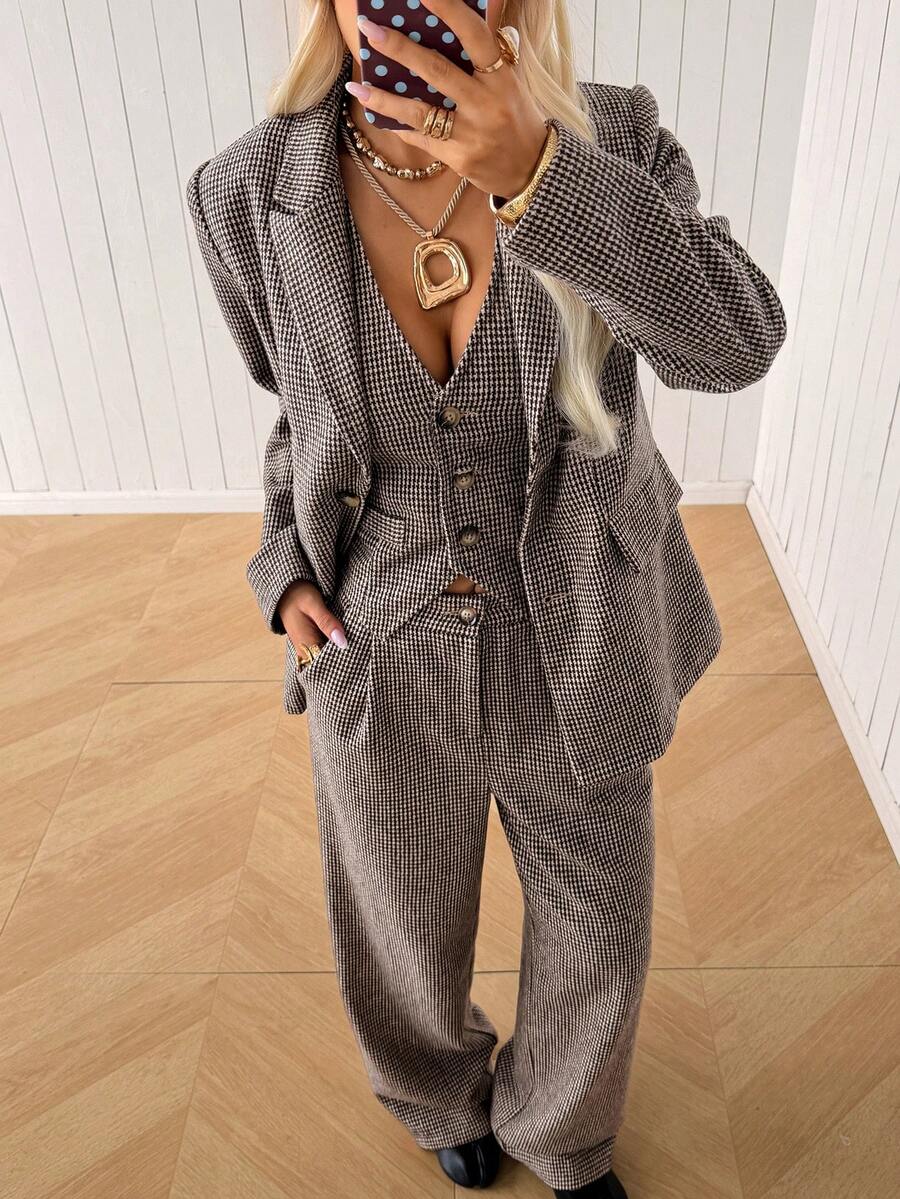 SHEIN EZwear 秋冬商務女款棕色格紋編織西裝外套、單排扣背心與長褲套裝 - 摩卡棕 - 查看 1