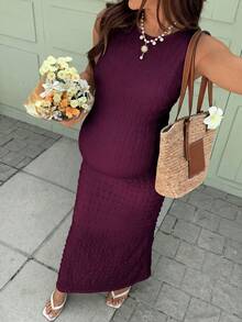 SHEIN 孕婦純色紋理圓領無袖修身休閒洋裝 - 紫紅色 - 查看 7