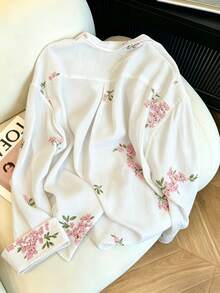 Franclia 女款新款棉質襯衫，春夏新款老錢風刺繡長袖襯衫，休閒寬鬆鵝黃色刺繡襯衫，度假休閒長袖全開襟襯衫，法式慵懶花卉刺繡長袖棉質襯衫，復古米色襯衫，黃色基礎款長袖襯衫，四季疊穿襯衫，適合日常穿著、居家、散步、購物、度假、夏季通勤 - 白色 - 查看 2