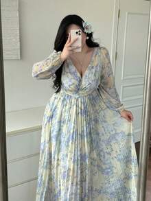 Vibekara 秋季優雅浪漫正式晚禮服，雪紡印花百褶飄逸仙女裙，藍白條紋，V領露背 - 藍色 - 查看 3