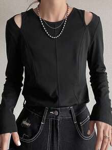 FRIFUL Women's Summer Spring Solid Color Slim Fit Flattering Versatile Short Sleeve T-Shirt - Black - View 3