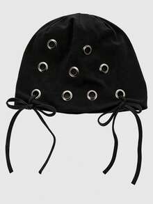 ROMWE Goth 1 Piece Punk Style Metal Air Eye Cold Hat, Y2K Bow Hat, Four Seasons Thin Stack Hat - Black - View 2
