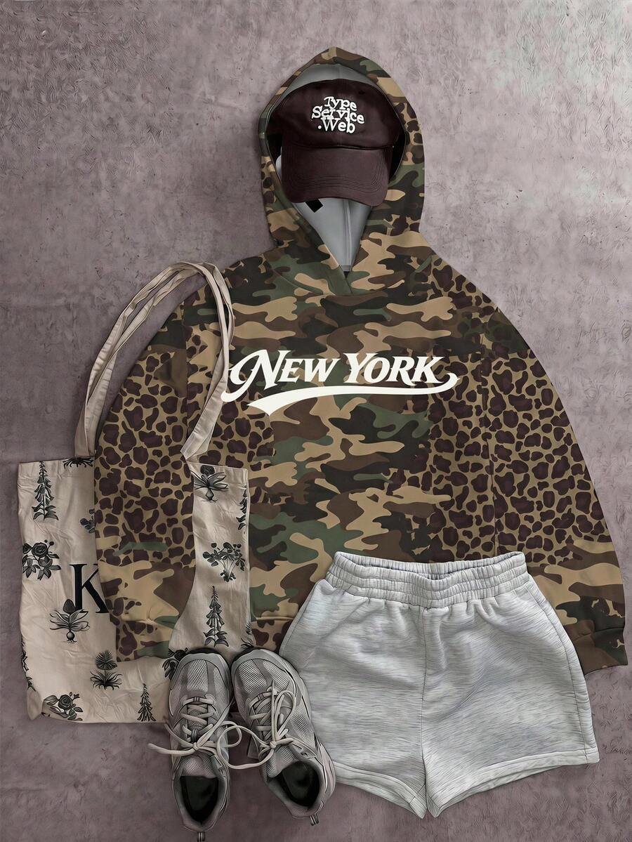 SHEIN EZwear 女款休閒運動風復古豹紋迷彩紐約運動衫 秋冬街頭穿搭 日常度假聖誕 橄欖綠淺灰色 - 彩色 - 查看 1