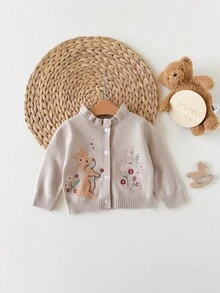 SHEIN 新生女嬰秋冬休閒兔與花朵刺繡開襟衫 - 卡其色 - 查看 3