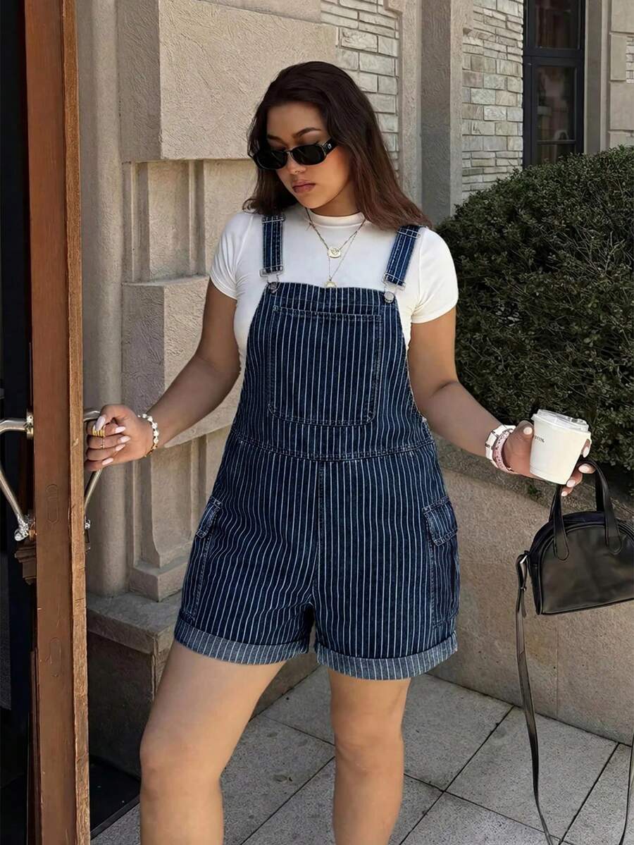 Lounesse Plus Size Women's Striped Casual Daily Denim Romper Fall - Dark Wash - View 1