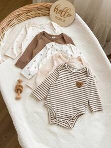 Set Bodysuit Serbaguna Gaya Korea Musim Gugur/Dingin untuk Bayi Baru Lahir: Bodysuit Lengan Panjang Bordir Beruang dengan Motif Beruang Bergaris di Seluruh Bagian untuk Bayi Baru Lahir. - MultiWarna - View 4