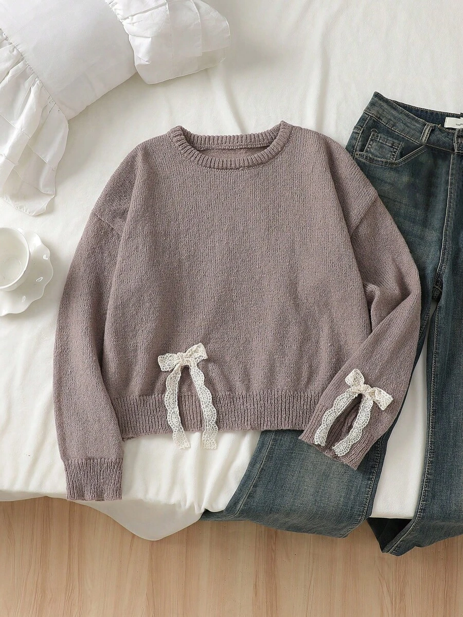 Tween Girl Bow Decor Round Neck Casual Daily Long Sleeve Sweater - Khaki - View 1