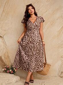 Elaquor Plus Size Vacation Fashion Zebra Print Button-Down Dress Formal Beige Summer Boho Casual Kawaii - Multicolor - View 1