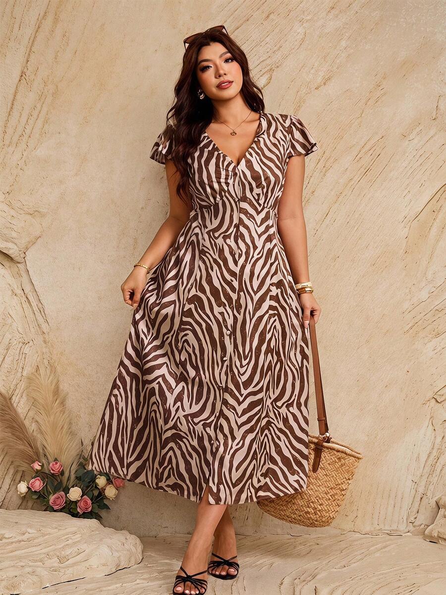 Elaquor Plus Size Vacation Fashion Zebra Print Button-Down Dress Formal Beige Summer Boho Casual Kawaii - Multicolor - View 1