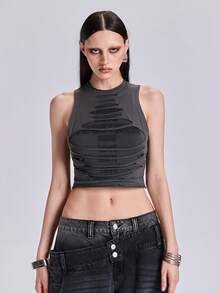 ACID BLVD Summer Spring Autumn Punk Street Y2K Distressed Letter Cutout Contrast Color Tank Top - Black - View 8