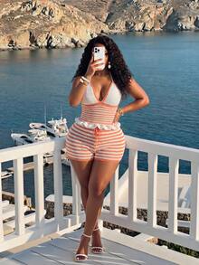 Slaydiva Plus Size Women's Striped Halter Knit Top And Knit Shorts Set, Casual Basic Style For Birthday Party, Daily Wear, Vacation, Cruise, Beach Summer - Orange - View 3
