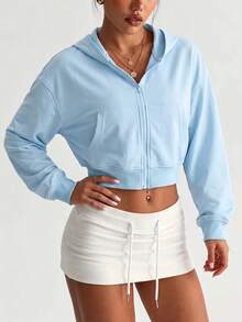 Sovereign Charm Women's Solid Color Drop Shoulder Long Sleeve Zip-Up Hooded Sweatshirt - Blue - View 6