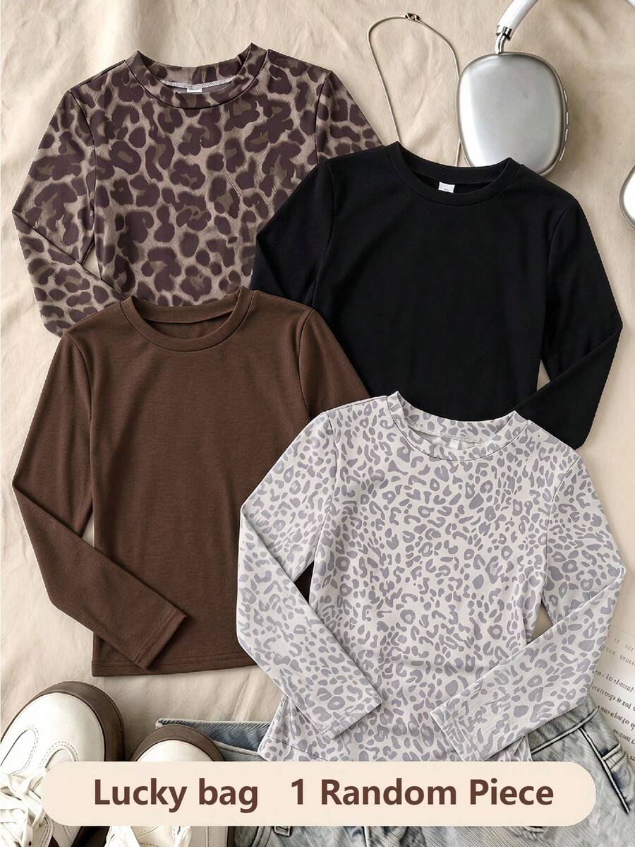 1件女童大童豹紋圓領長袖修身T恤,休閒日常上衣,秋季 - 彩色 - 查看 1