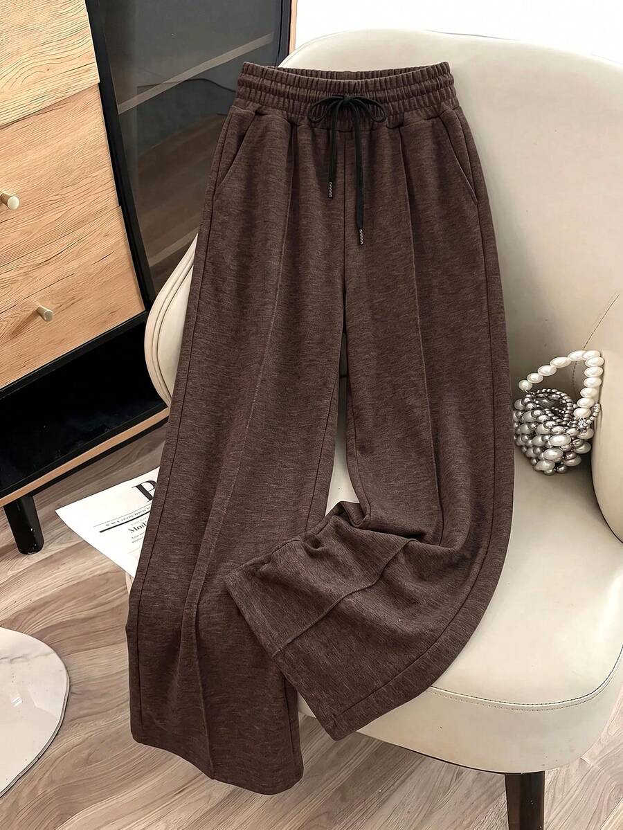 WovenCharm Pantalones de pierna ancha con cintura de cordón, talla pequeña - Marrón - Ver 1