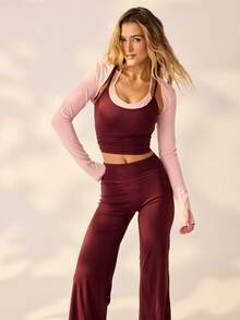 Aralina Leisurewear Active 2pcs Double Strap Criss Cross Back Cami High With Waist Flare Leg Body Sculpting Stretch Yoga Gym Pilates Activewear Two Pieces Set - Burgundy - View 10