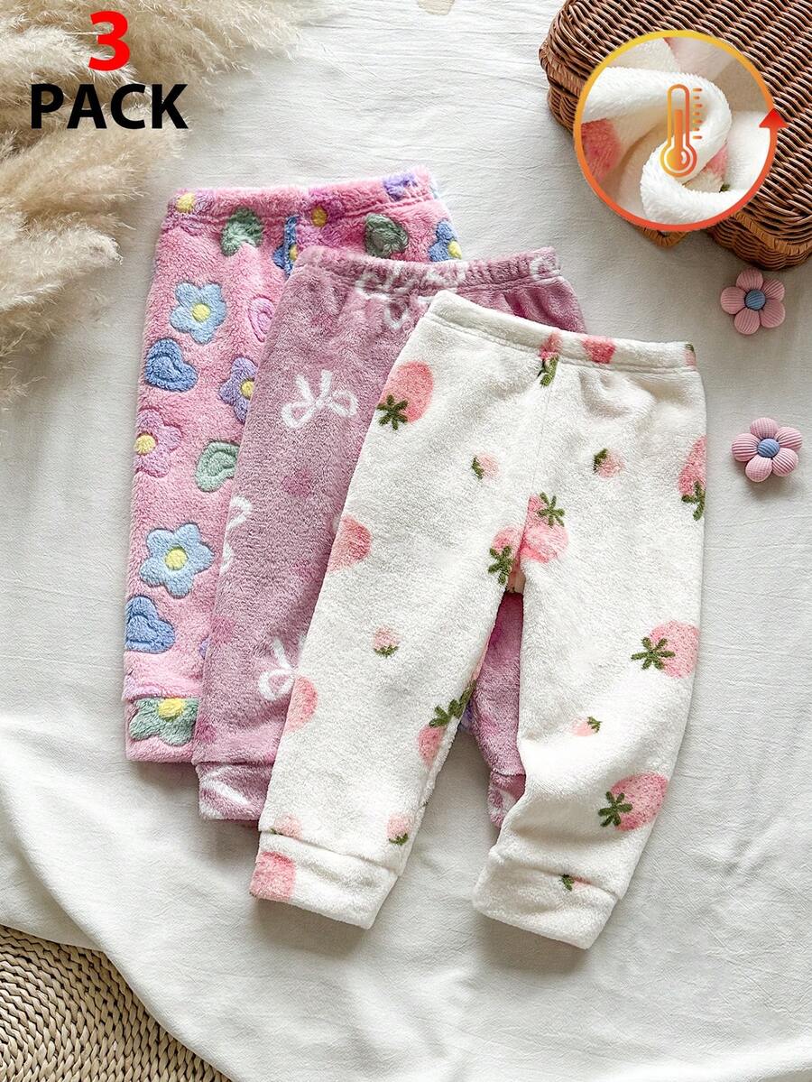 Vintaside Kids 3件組女孩秋冬多色甜美柔軟保暖內裡加厚長褲,蝴蝶結愛心/草莓/彩色花卉3款印花可選,高腰鬆緊腰收口休閒褲款,校園內搭、戶外散步、日常穿搭,女孩加厚抓絨褲 - 彩色 - 查看 1