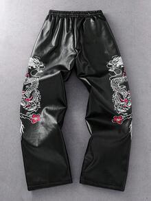 ROMWE MEN Street Life Men's Chinese Dragon Pattern Drawstring Waist Loose Casual Leather Pants - Black - View 2