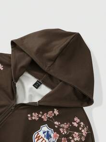 ROMWE MEN Street Life Men's Colorblock Striped Floral Print Hoodie - Coffee Brown - View 4