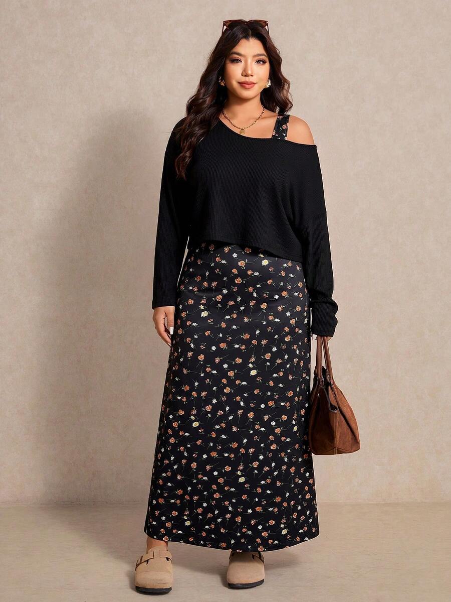 Elaquor Conjunto de 2 piezas Talla Grande Top de unicolor & Vestido con Estampado Floral Pequeño - Negro - Ver 1