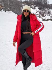 Fashion Style, Jacquard Tape Detailed Puffer Winter Coat - Red - View 1