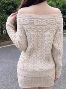 DAZY Women's Off-Shoulder Tie-Front Knit Long Sleeve Sweater, Gentle Elegant Top For Autumn/Winter - Apricot - View 3