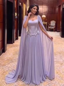 Aureia فستان أنيق مرصع بالخرز والماس من الساتان والشيفون بتصميم باتشوورك وقصة A-Line مع أكمام واسعة جداً لحفلات الزفاف والمناسبات الرسمية وحفلات العشاء والسهرات الراقصة باللون الوردي الفاتح للشتاء - الأرجواني - مشاهدة 2