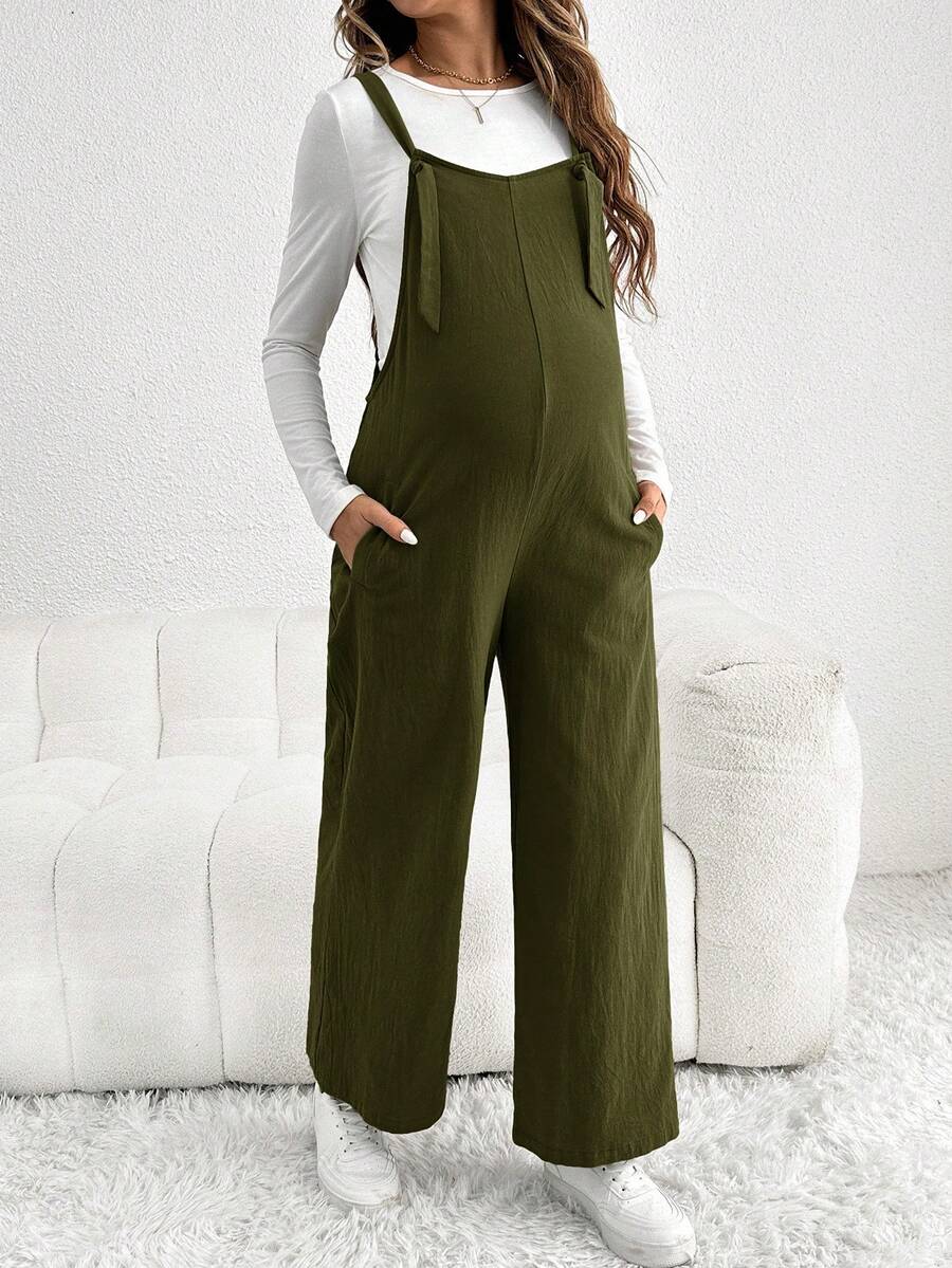 SHEIN 孕婦休閒寬鬆連身褲,可調節肩帶 - 軍綠色 - 查看 1