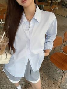 DAZY 女款素色休閒百搭日常穿著襯衫 - 藍色 - 查看 5