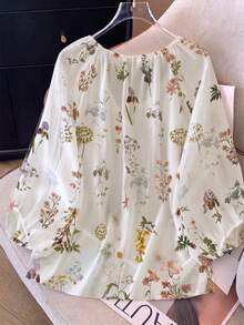 SHEIN LUNE CURVE 秋季度假風休閒束腰設計優雅復古前開襟繫帶燈籠袖寬鬆大尺碼女款雪紡碎花白色襯衫上衣 - 彩色 - 查看 2