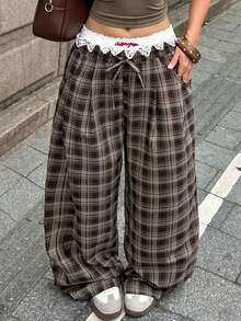 SHEIN Tall CURVE Women's Plus Size Plaid Casual Versatile Wide Leg Pants For Daily Wear Fall - Brown - View 6