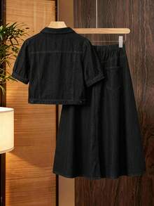 Modelyn Plus Size Short Sleeve Top & Denim Skirt 2 Pieces Set - Black - View 2