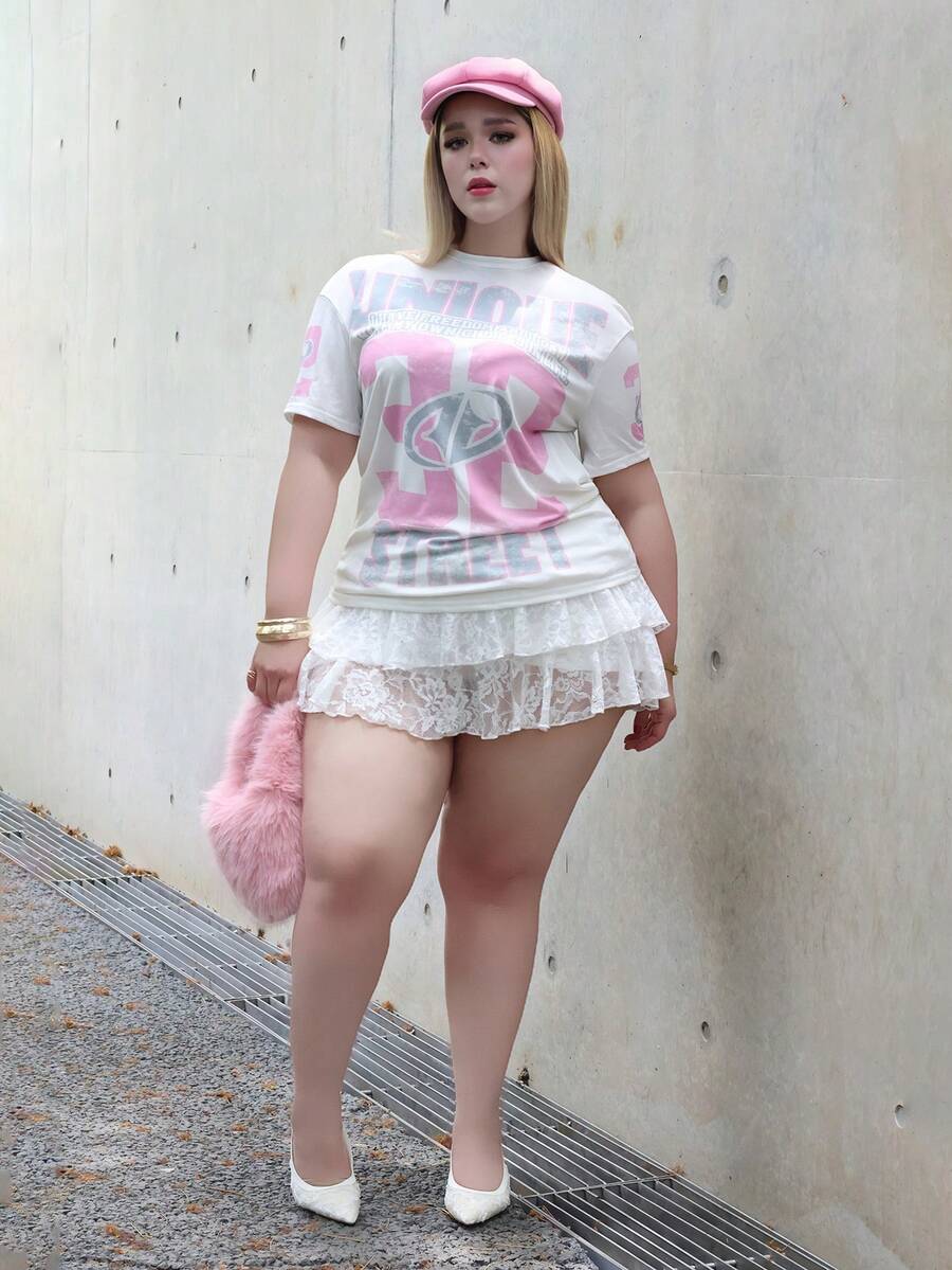 CHERRY TINTT SELECTION Plus Size Women Solid Color Lace Cake Skirt White Summer - White - View 1