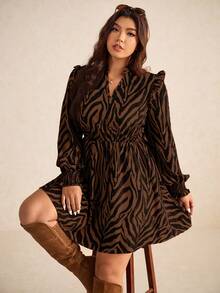 Elaquor Plus Size Colorblock Print Minimalist Casual Long Sleeve Dress - Black - View 4