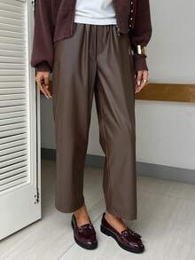 DAZY Celana Setelan Wanita Gaya Komuter Berlipit Longgar Berpinggang Tinggi Musim Gugur/Dingin, Bahan Tenun Warna Polos, Dipadukan dengan Jaket Kulit - Coffee Brown - View 5