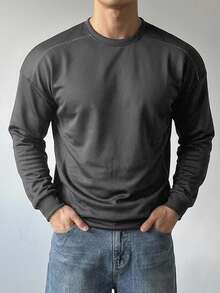 DAZY Spring/Autumn Black Sweatshirt Fabric With White Thick Stitching Decoration, Crew Neck Long Sleeve Pullover Sweatshirt For Men - Black - View 1