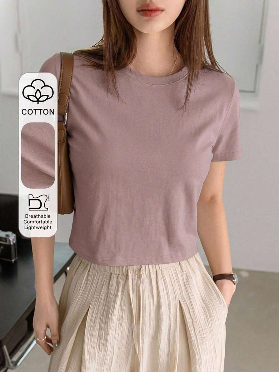 Dazy-Less Solid Color Round Neck Casual Short Sleeve T-Shirt Summer,Crop Tops Women Business Casual Woman Work Clothes - Purple - View 1