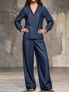 LUMIGAL Women's Casual Commute Shirt & Pants 2 Pieces Set - Multicolor - View 3