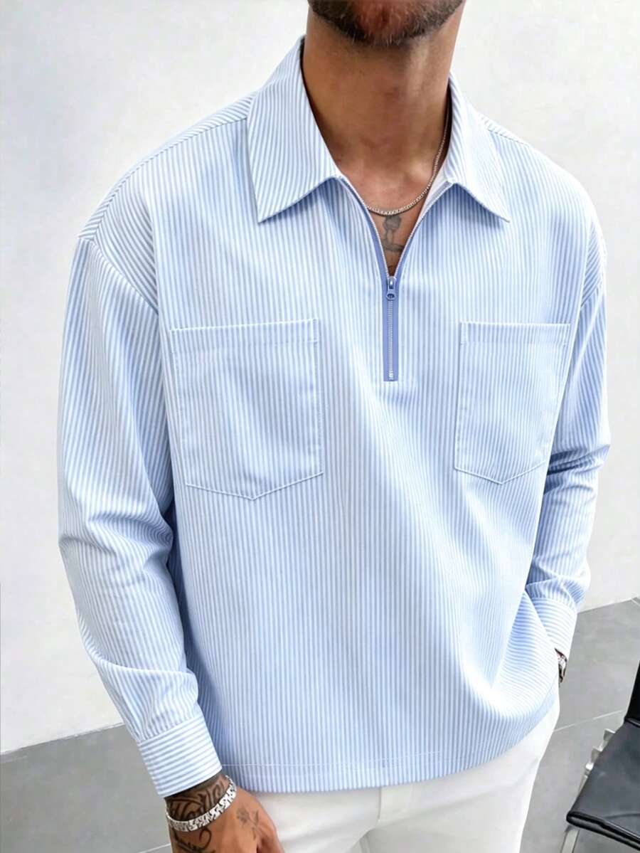Resyla Men Men's Casual Striped Shirt With Half-Zip Front And Dual Pockets - Baby Blue - View 1