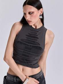 ACID BLVD Summer Spring Autumn Punk Street Y2K Distressed Letter Cutout Contrast Color Tank Top - Black - View 4