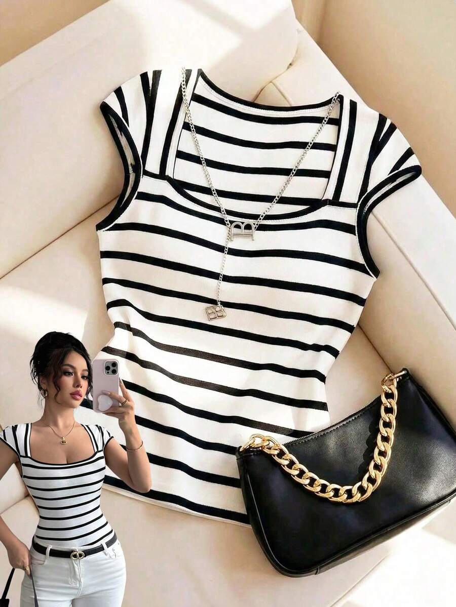 SHEIN Raffinéa French Minimalist Fitted Striped Knit Tee, Casual Short Sleeve Top, Great For Parties, Spring/Summer - Black and White - View 1
