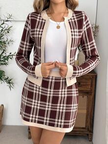 EMERY ROSE Women's Casual Elegant Plaid Cardigan & Knit Skirt Set - Multicolor - View 6